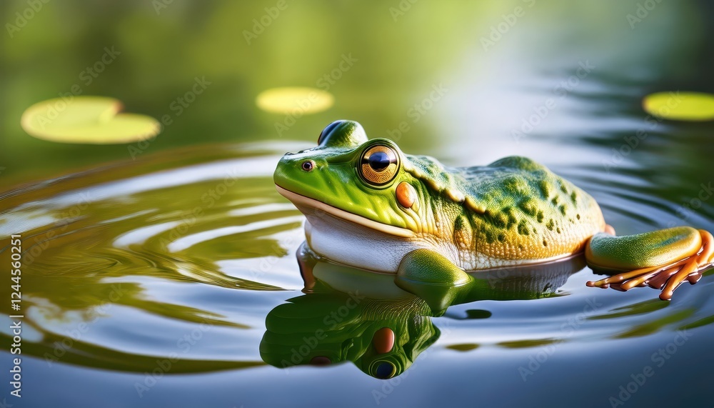 Enchanting Moment of a Frog Amidst the Serene Waterscape, Basking in the Soft Glow of Twilight, Reflecting the Peaceful Mood of an Evening Pond. Enchanting Moment of a Frog Amidst the Serene Waterscape, Basking in the Soft Glow of Twilight, Reflecting the Peaceful Mood of an Evening Pond.