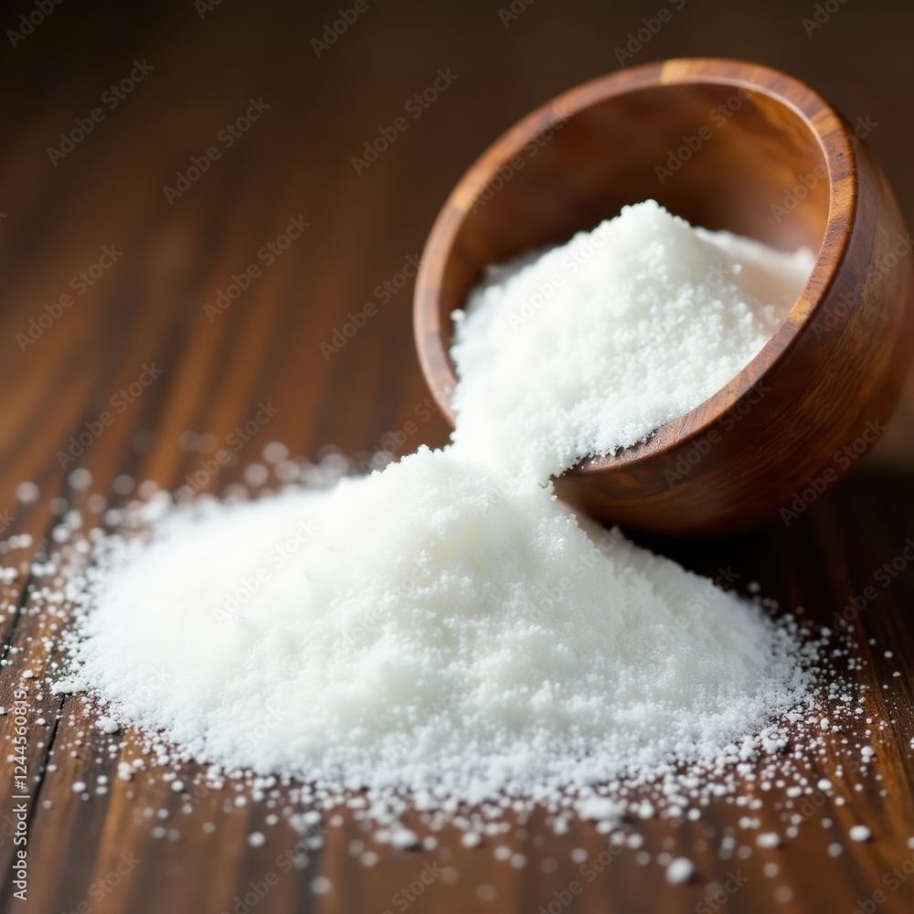 Sugar spilled from a worn wooden bowl on a wooden table, kitchenware, antique Sugar spilled from a worn wooden bowl on a wooden table, kitchenware, antique