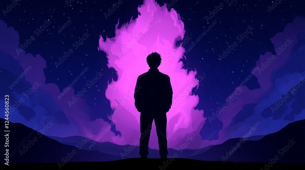 Fototapeta premium Silhouette of a young man standing before a vibrant purple and blue night sky, a surreal and dreamy scene.