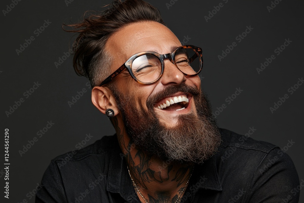 Smiling man with glasses and beard showcasing joyful expression in a studio setting Smiling man with glasses and beard showcasing joyful expression in a studio setting