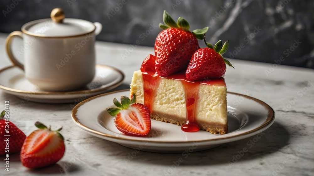 Decadent Delight: A Close-Up Top-View of Creamy Cheesecake with Fresh Strawberries and a Steaming Cup of Tea on Marble