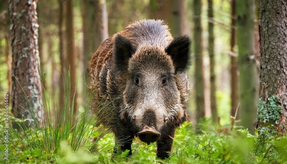 Veiled Wild Boar in Spring Forest Majestic Sus Scrofa Camouflaged Among Verdant Vegetation, With Rich Earthy Tones and a Hint of Autumnal Mood in the Springtime. Veiled Wild Boar in Spring Forest Majestic Sus Scrofa Camouflaged Among Verdant Vegetation, With Rich Earthy Tones and a Hint of Autumnal Mood in the Springtime.