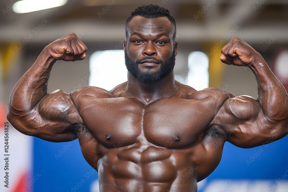 Fototapeta premium Bodybuilder showcases impressive physique in a fitness competition at a gym event