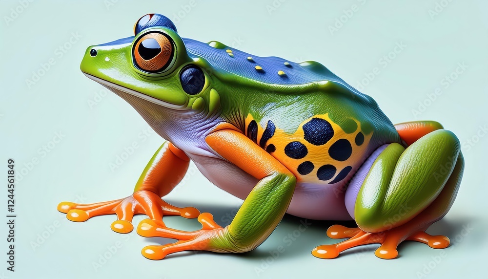 Vibrant and Humorous Portrayal of a Rare, Exotic Frog Species Set in an Amazon Rainforest Backdrop, Displaying Bold Colors and Textures in a Strikingly Realistic Illustration. Vibrant and Humorous Portrayal of a Rare, Exotic Frog Species Set in an Amazon Rainforest Backdrop, Displaying Bold Colors and Textures in a Strikingly Realistic Illustration.