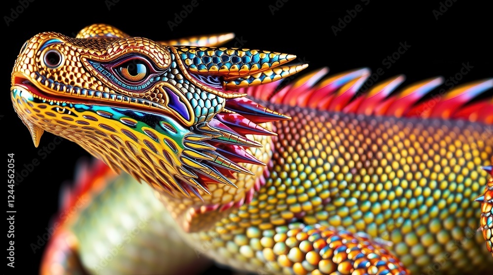 Fototapeta premium Photorealistic Close up of Iridescent Rainbow Scale Fantasy Dragon with Black Background
