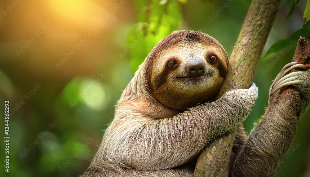 Fototapeta premium Adorable Sloth Portrait in the Vibrant Rainforest Wildlife Moment Frozen with Humor and Warmth, Capturing a Rare Glimpse of Natures Playful Side.
