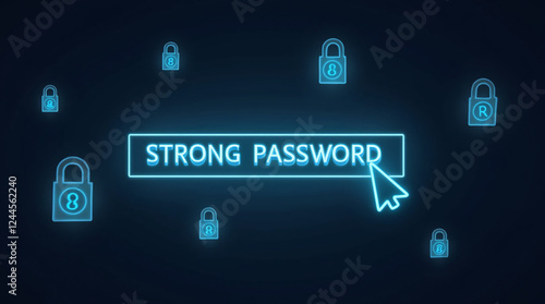 Wallpaper Mural A glowing password field with a "strong password" being entered, surrounded by floating lock icons Torontodigital.ca