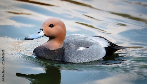 Striking Closeup of a Gadwall Bird Mareca strepera, Showcasing Intricate Feather Patterns and Vivid Plumage in a Serene Wetland Scene, Taken on January , at . photo