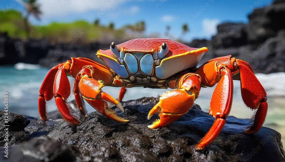 Vivid Red Land Crab Roams Lava Rock Shoreline of the Galapagos Islands, Capturing the Mystique and Diversity of this Fascinating Archipelago Vivid Red Land Crab Roams Lava Rock Shoreline of the Galapagos Islands, Capturing the Mystique and Diversity of this Fascinating Archipelago
