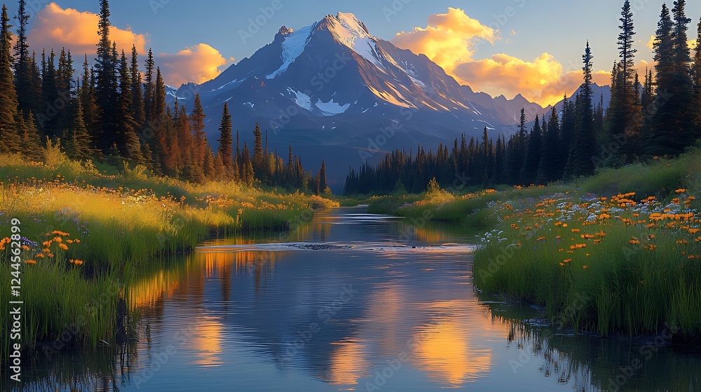 Obraz premium Sunset mountain river reflection, wildflowers, forest