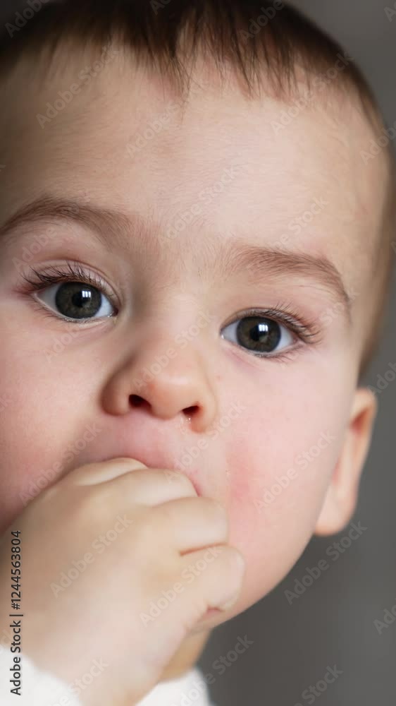 Face of a beautiful Caucasian baby boy taking something to his mouth. Close up portrait of child eating. Blurred backdrop. Face of a beautiful Caucasian baby boy taking something to his mouth. Close up portrait of child eating. Blurred backdrop.