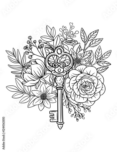 Vintage style vector key, floral arrangement, rose, peony, leaves, black and white illustration, isolated, print, sketch