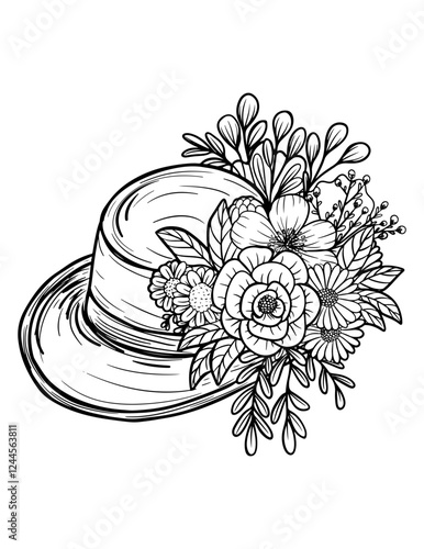Vector hat, vintage style, floral arrangement, black and white illustration, isolated, print, sketch