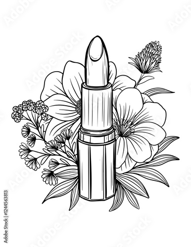 Vector vintage style lipstick, floral arrangement, rose, peony, leaves, black and white illustration, isolated, print, sketch
