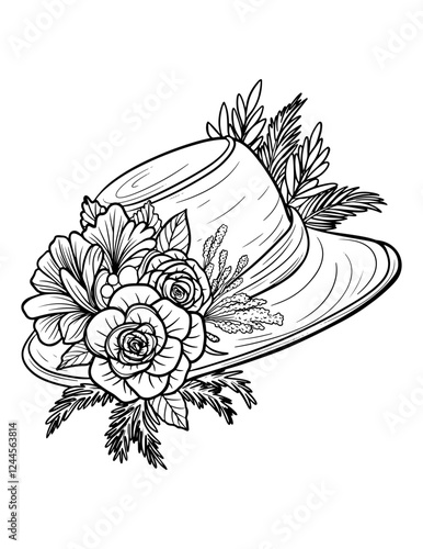 Vector vintage style women's hat, floral arrangement, rose, peony, leaves, black and white illustration, isolated, print, sketch