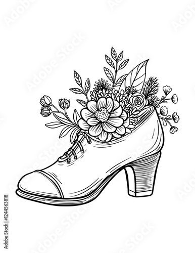 Vector female heeled boot, vintage style vase, flower arrangement, black and white illustration, isolated, print, sketch
