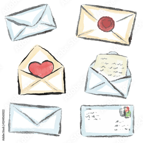 Set of letters, love letter, envelopes, watercolor, brush strokes. Vector, isolated, hand drawn.