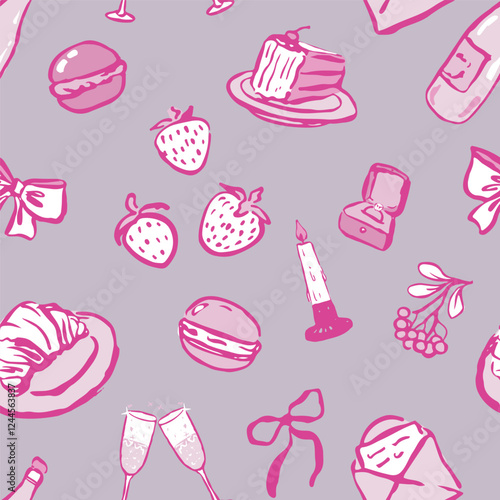 Pink and white girly elements seamless pattern.Hand drawn, isolated, vector. Bow, cup, letter, ring,  macarons, envelope, cake, croissant, champagne.