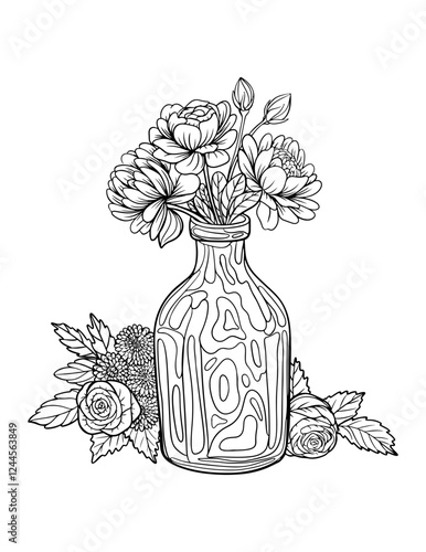 Vector bottle, vintage style vase, flower arrangement, black and white illustration, isolated, print, sketch