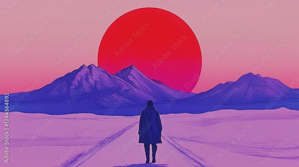 Naklejka premium A lone figure walks a path toward a vibrant sunset over purple mountains. A surreal and dreamlike scene.