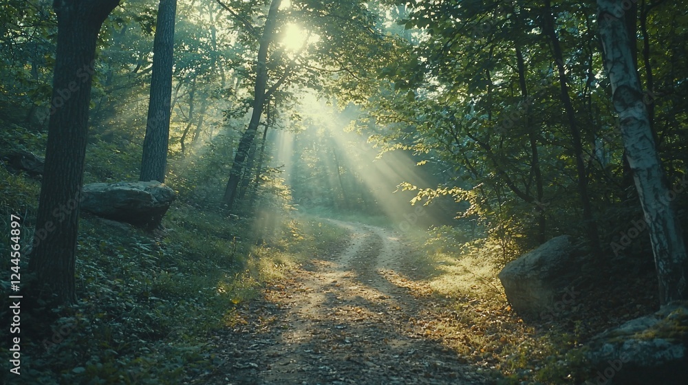 Obraz premium Sunbeams illuminate forest path, misty morning. Nature background, idyllic scene