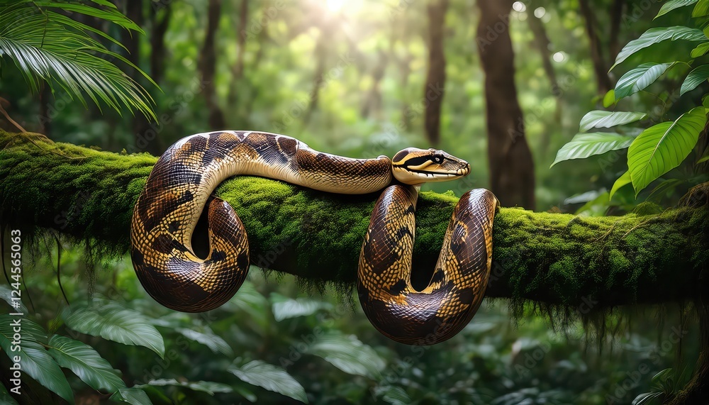 Enchanting Boa Constrictor Perched Amidst Lush Green Rainforest A Serene Moment of Wildlife and Natures Rich Colors and Textures, Illuminated by the Soft Glow of Dusk. Enchanting Boa Constrictor Perched Amidst Lush Green Rainforest A Serene Moment of Wildlife and Natures Rich Colors and Textures, Illuminated by the Soft Glow of Dusk.