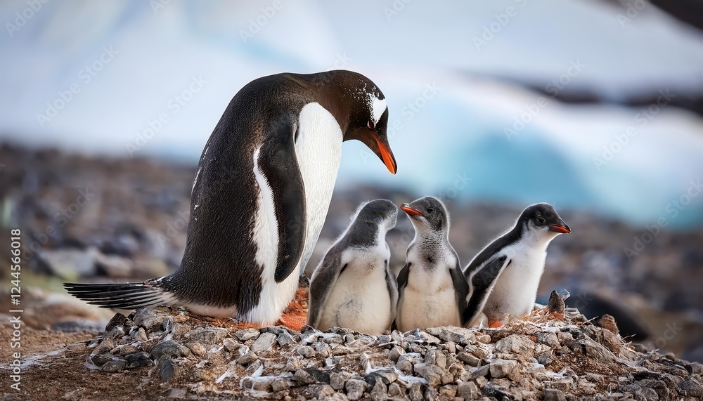 Naklejka premium Striking Gentoo Penguin Family Amidst the Icy Majesty of Cuverville Island, Antarctica in the Southern Ocean on a Chilly Winter Day