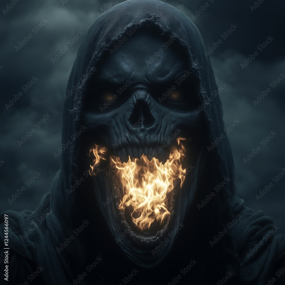 Fiery Skull-Faced Hooded Figure with Glowing Eyes Amidst a Dark, Cinematic Background.Generative AI Fiery Skull-Faced Hooded Figure with Glowing Eyes Amidst a Dark, Cinematic Background.Generative AI
