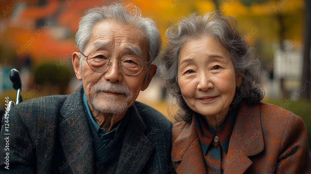 In a green park, under a clear blue sky, Korean, Grandpa is in a wheelchair, and Grandma is standing next to him. The couple, dressed in simple, comfortable clothes in subtle, muted colors, gaze peace In a green park, under a clear blue sky, Korean, Grandpa is in a wheelchair, and Grandma is standing next to him. The couple, dressed in simple, comfortable clothes in subtle, muted colors, gaze peace