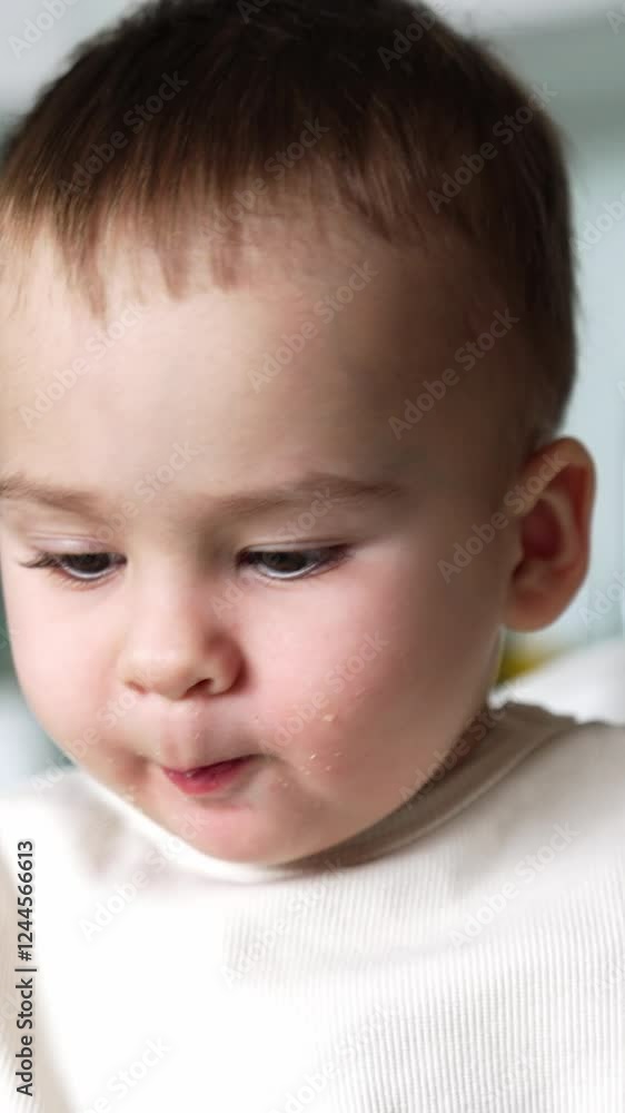Adorable baby boy chewing food slowly. Cute child puts the pieces of cheese from one spot to another. Close up. Adorable baby boy chewing food slowly. Cute child puts the pieces of cheese from one spot to another. Close up.