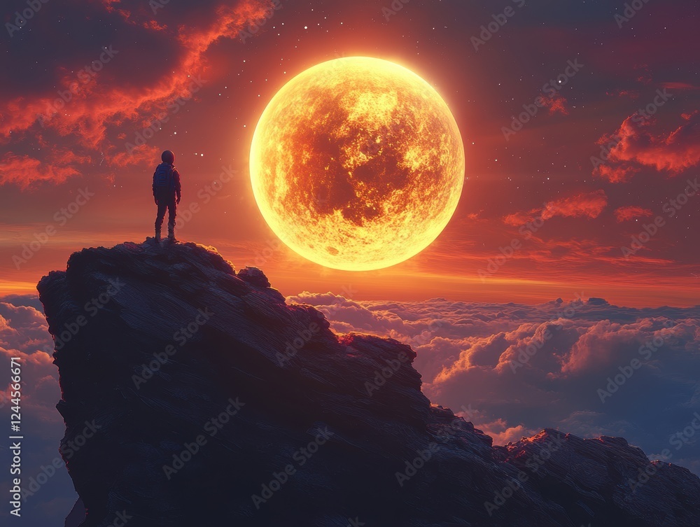 A silhouette stands on a rocky peak under a large, glowing moon.