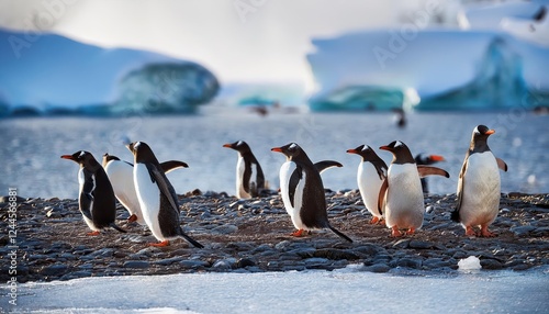 Striking Gentoo Penguins Amidst Icy Antarctic Landscape A Moment of Wild Beauty and Bold Colors in a Polar Winters Day photo