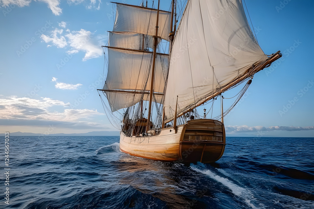 Fototapeta premium Spanish caravel sailing in the open sea, columbus day.