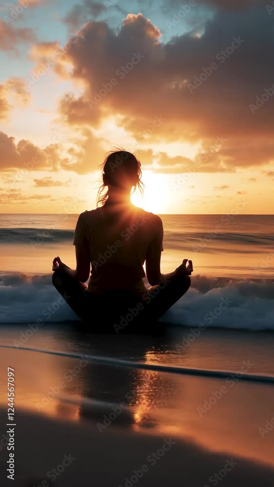 Sunset meditation by the ocean in serene calm