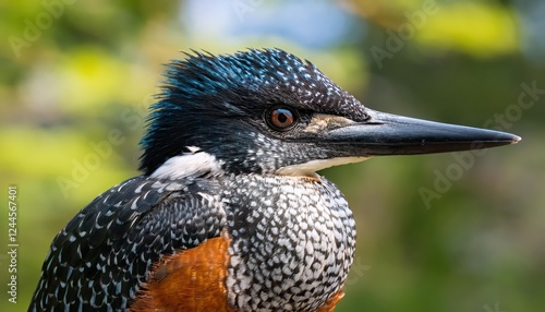 Vivid Portrait of a Majestic Giant Kingfisher against the Backdrop of a Lush Nature Park, Featuring Vibrant Greens and Blue Waters, Showcasing the Stunning Beauty of Avian Wildlife in its photo