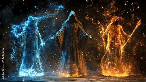 A powerful and enigmatic elemental mage, commanding the forces of fire, water, earth, and air. - generative ai. elemental wizard. illustration. Elemental Forces. Illustration