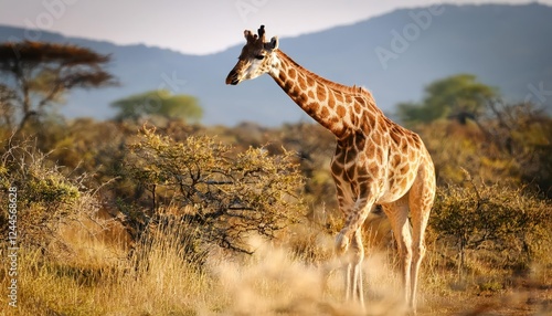 Majestic Giraffe Roaming Freely Across the Savannah Plains, Captured by Generative AI in the Heart of Africas Wilderness. photo