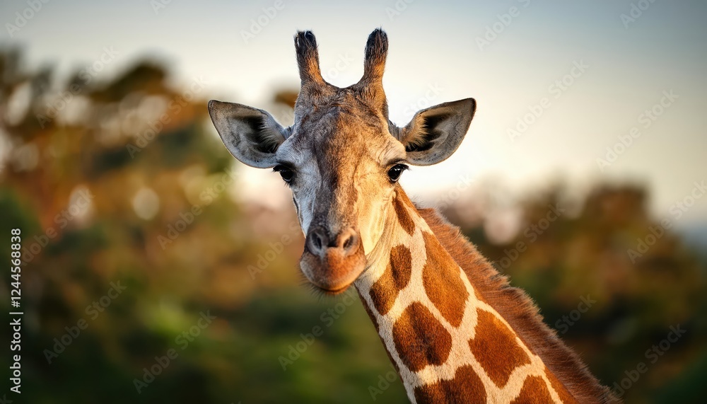 AweInspiring Moment Majestic Giraffe Stares into the Camera against a Backdrop of African Savannah at Sunset, Capturing the raw Beauty and Power of this Gentle Giant in its Natural Habitat. AweInspiring Moment Majestic Giraffe Stares into the Camera against a Backdrop of African Savannah at Sunset, Capturing the raw Beauty and Power of this Gentle Giant in its Natural Habitat.