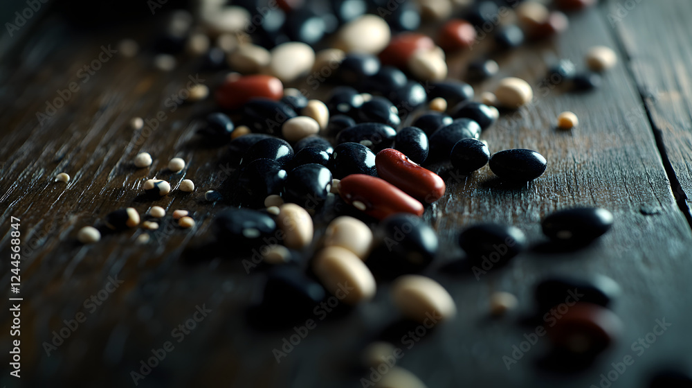 A close-up view of kidney, black, and pinto beans on a dark wooden surface, highlighting their smooth textures and natural shine. A close-up view of kidney, black, and pinto beans on a dark wooden surface, highlighting their smooth textures and natural shine.