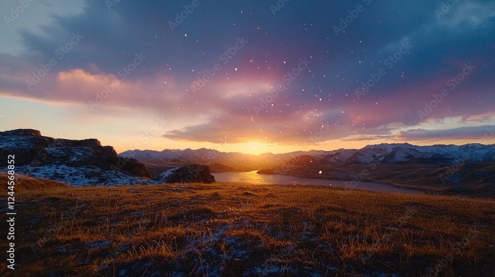 Obraz premium Sunset over snowy mountains and lake. Winter landscape postcard
