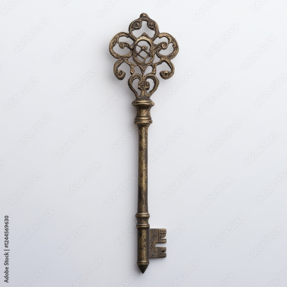 A single, ornate key with an intricate design on the handle, made from aged brass - Generative AI A single, ornate key with an intricate design on the handle, made from aged brass - Generative AI