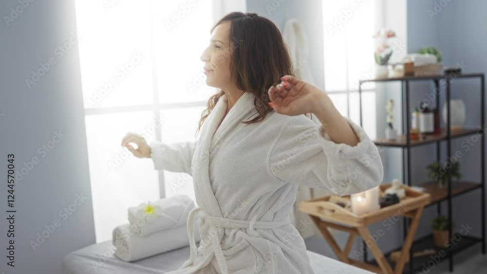 Woman stretching in a spa room with candles and towels against a bright window, creating a serene and relaxing atmosphere. Woman stretching in a spa room with candles and towels against a bright window, creating a serene and relaxing atmosphere.