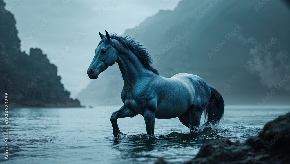 Obraz premium Blue Horse Walking Through Shallow Water Near Mountains on a Cloudy Day