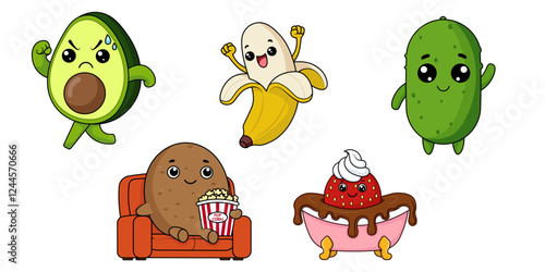 Funny Kawaii Cartoon Fruits and Vegetables Vector Illustration