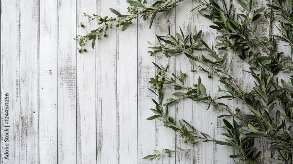 Obraz premium Olive leaves and branches on white wooden background with fresh green olives and natural shadows, perfect for Mediterranean designs or eco-friendly concepts