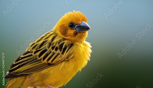 Stunning Portrait of the Golden Palm Weaver Ploceus bojeri, showcasing the vibrant plumage and intricate patterns of this African Avian Beauty within a lush Tropical Background, Captured during photo