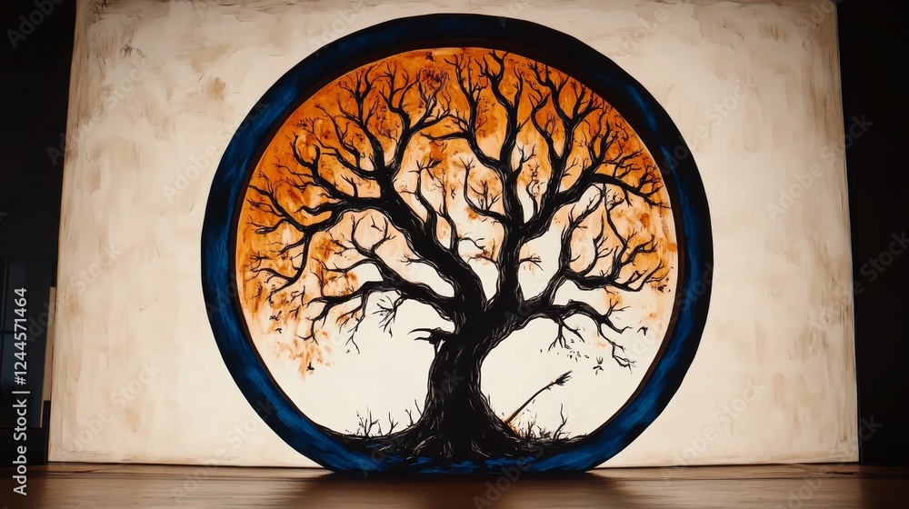 Fototapeta premium Intricate circular artwork featuring a dark, leafless tree against a warm, sunset-like backdrop. The piece evokes a sense of serenity and mystery.