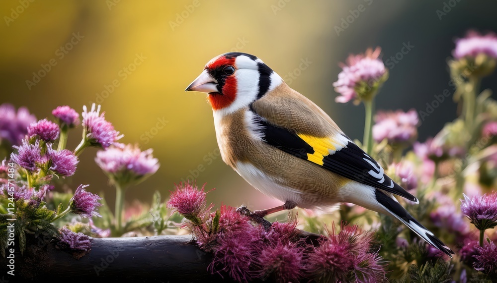 Obraz premium Striking Goldfinch in Winters Twilight, Majestic Bird Perched on SnowCovered Branch, Against a Backdrop of Crimson and Gold Sunset