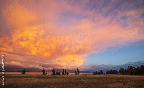 Sunset over Yellowstone Lake, USA, Wyoming photo