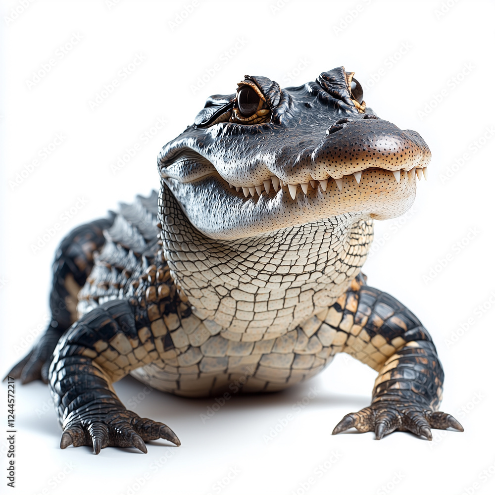Obraz premium A realistic alligator with sharp teeth and textured scales, isolated on a clean white background.
